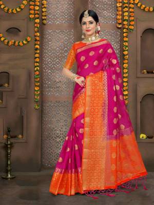 Bright And Visually Appealing Color Is here With This Saree In Rani Pink Color paired With Contrasting Orange Colored Blouse, This Saree And Blouse Are Linen Fabricated Which Ensures Superb Comfort all Day Long.