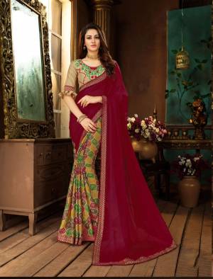 Bright Colors Gives An Attractive And Beautiful Look To Your Personality, So grab This Saree In Dark Pink And Multi Color Paired With Beige Colored Blouse. This Saree Is Fabricated On Georgette Paired With Art Silk Fabricated Blouse. 