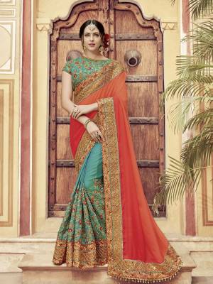 Presenting this orange and green color two tone shaded silk fabrics and two tone satin saree. Ideal for party, festive & social gatherings. this gorgeous saree featuring a beautiful mix of designs. Its attractive color and heavy designer embroidered saree, moti design, also heavy designer blouse, half half design saree, beautiful floral design all over work over the attire & contrast hemline adds to the look. Comes along with a contrast unstitched blouse.