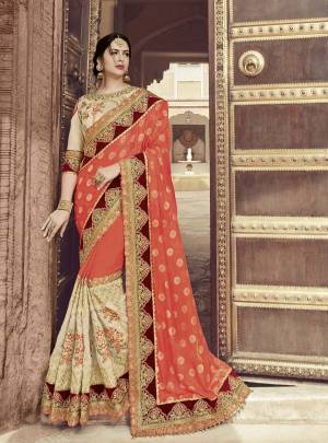 Presenting  this orange and Cream color two tone jacquard two tone fabrics saree. look gorgeous at an upcoming any occasion wearing the saree. this party wear saree won't fail to impress everyone around you. Its attractive color and heavy designer embroidered saree, stone work design, also heavy designer blouse, cut paste design saree, beautiful floral design all over work over the attire & contrast hemline adds to the look. Comes along with a contrast unstitched blouse.