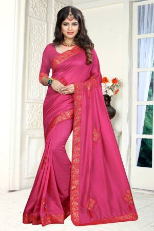Shine Bright In This Lovely Magenta Pink Colored Saree paired With Magenta Pink Colored Blouse. This Saree And Blouse Are Fabricated On Soft Silk beautified With Patches With Buttons And Tassels. 