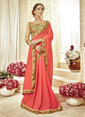 Look Attractive In This Designer Dark Peach Colored Saree Paired With Beige Colored Blouse. This Saree Is Silk Georgette Based Paired With Art Silk Blouse. It Has Contrasting Thread Work Over The Blouse. Buy Now.