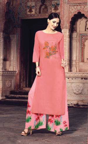 Look Pretty In This Designer Readymade Kurti Plazzo In Pink Colored Top Paired With Light Pink Colored Plazzo. Its Top Is Muslin Silk Fabricated On Paired With Modal Satin Bottom. It Is Beautified with Prints And Resham Embroidery. Buy Now.