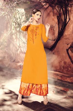 Celebrate This Festive Season With Ease And Comfort Wearing This Designer Readymade Plazzo Set In Musturd Yellow Colored Kurti Paired With Light Yellow Colored Bottom. Its Top IS Fabricated On Muslin Silk Paired With Modal Satin Bottom. Buy This Now.