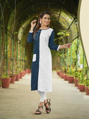 Look Elegant In This Simple Readymade Kurti In Blue And White Color Fabricated On Rayon. This Kurti IS Light Weight, Soft Towards Skin And Easy To Carry All Day Long.