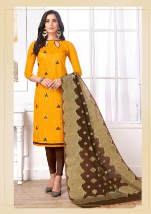 Celebrate This Festive With Ease And Comfort Wearing This Suit In Yellow Colored Top Paired With Contrasting Brown Colored Bottom and Dupatta. Its Top And Bottom Are Banarasi Art Silk Dupatta. It Is Beautified With Thread Work. Buy Now.