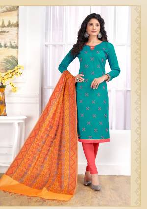 Simple and Elegant Looking Straight Suit Is Here In Blue Colored Top Paired With Pink Colored Bottom and Orange Dupatta. This Dress Material Is Cotton Based Paired With Banarasi Art Silk Dupatta. Buy This Now.