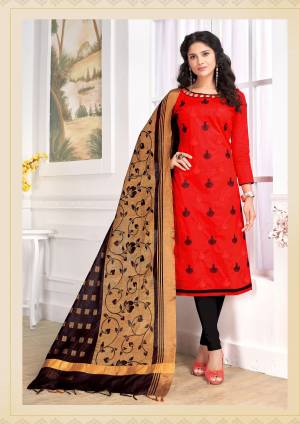 For A Bold And Beautiful Look, Grab this Straight Dress Material In Red Colored Top Paired With Black Colored Bottom And Dupatta. Its Top and Bottom Are Cotton Based Paired With Banarasi Art Silk Dupatta. 