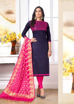 Shine Bright Wearing This Straight Suit In Dark Purple Colored Top Paired With Contrasting Dark Pink Colored Bottom And Dupatta. Its Top And Bottom Are Cotton Based Paired With Banarasi Art Silk Dupatta. This Dress Material Is Light Weight And Easy To Carry All Day Long.