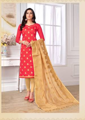 Celebrate This Festive With Ease And Comfort Wearing This Suit In Crimson Red Colored Top Paired With Contrasting Beige Colored Bottom and Dupatta. Its Top And Bottom Are Banarasi Art Silk Dupatta. It Is Beautified With Thread Work. Buy Now.