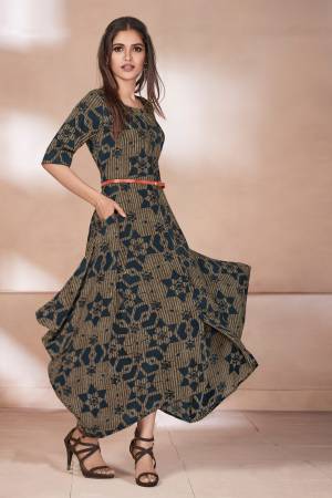 Grab This Designer Readymade Long Kurti In Navy Blue And Grey Color Fabricated On Rayon. It Is Beautified With Unique Prints all Over It. It Is Available In All Sizes, Chosse As Per Your Desired Fit And Comfort.