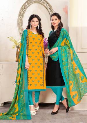 Get This Beautiful Pair Of Dress Material With Two Tops. Its Yellow Top Is Cotton Based and Black Is Chanderi. Paired With Blue Colored Cotton Bottom And Chiffon Dupatta. It Is Beautified With Resham Embroidery And Printed Dupatta. 