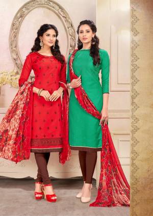 For A Simple Festive Look, Grab This Pretty Dress Material Containing Two Top With Single Bottom And Dupatta. Its Red Colored Top Is Fabricated On Cotton And Green One Is Chanderi Based Paired With Brown Colored Cotton Bottom And Red Colored Chiffon Dupatta. All ITs Fabrics Esnures Superb Comfort All Day Long. 