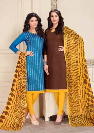 Beautiful Combiantion Is Here With This Dress Material With Two Tops. Its Blue Colored Top Is Cotton Based And Brown One Is Chanderi Fabricated Paired With Yellow Colored Bottom And Dupatta. Its Attractive Color And Elegant Design Will Earn You Lots Of Compliments From Onlookers. 