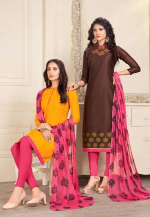 This Festive Season, Grab Two Dresses In Price Of One, Grab This Dress Material With Two Tops One In Musturd Yellow And Another In Btown Color Paired With Pink Colored Bottom And Dupatta. Green Is Cotton Based And Peach Is Chanderi Fabricated Paired With Cotton Bottom And Chiffon Dupatta. Get This Pair Of Dress Material Now.