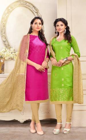 Get This Beautiful Pair Of Dress Material With Two Tops. Its Rani Pink Top Is Cotton Based and Light Green Is Chanderi. Paired With Beige Colored Cotton Bottom And Chiffon Dupatta. It Is Beautified With Resham Embroidery And Printed Dupatta. 