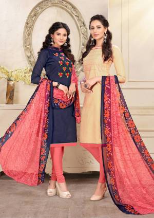 For A Simple Festive Look, Grab This Pretty Dress Material Containing Two Top With Single Bottom And Dupatta. Its Navy Blue Colored Top Is Fabricated On Cotton And Beige One Is Chanderi Based Paired With Old Rose Pink Colored Cotton Bottom And Chiffon Dupatta. All ITs Fabrics Esnures Superb Comfort All Day Long. 