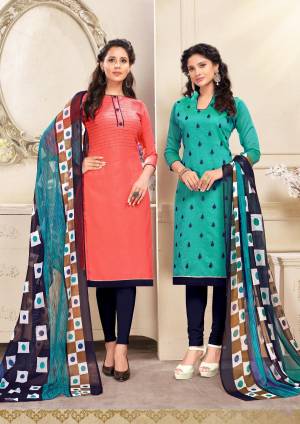 Beautiful Combiantion Is Here With This Dress Material With Two Tops. Its Orange Colored Top Is Cotton Based And Turquoise Blue One Is Chanderi Fabricated Paired With Navy Blue Colored Bottom And Dupatta. Its Attractive Color And Elegant Design Will Earn You Lots Of Compliments From Onlookers. 