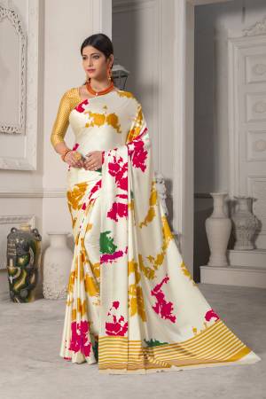 Simple And Elegant Looking Saree Is Here In White Color Paired With Musturd Yellow Colored Blouse. This Saree And Blouse Are Fabricated On Satin Silk Beautified With Multi Colored Prints Giving It An Attractive Look.