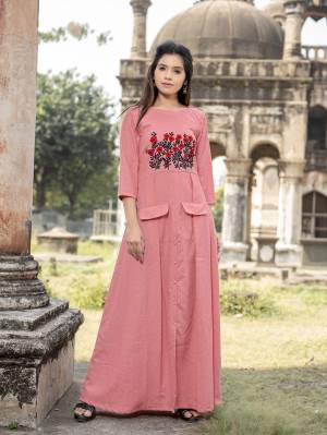 Look Pretty In This Designer Readymade Long Kurti In Pink Color Fabricated On Cotton. It Is Also Beautified With Embroidery Over The Yoke Making This More Attractive.