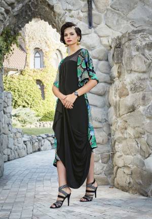 Quite A New Drape Pattern Is Here With This Designer Readymade Kurti In Black And Green Color Fabricated On Satin. It Is Beautified With Prints All Over It. Buy Now.