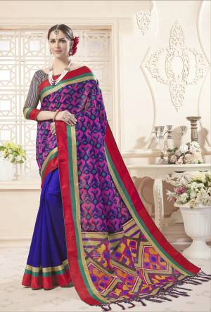 Attract All With This Bright Multi And Royal Blue Colored Saree Paired With Beige And Royal Blue Colored Blouse. This Saree And Blouse Are Silk Based Beautified With Prints. Buy Now.