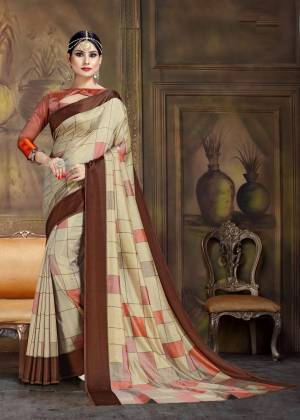 Simple And Elegant Looking Saree For This Festive Wear Is Here In Beige Color Paired With Contrasting Rust Colored Blouse. This Saree And Blouse Are Fabricated On Art Silk Beautified With Prints All Over.