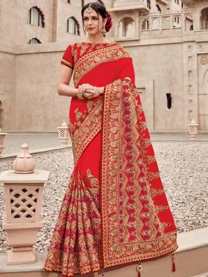Presenting this red and gold color two tone silk satin saree. Ideal for party, festive & social gatherings. this gorgeous saree featuring a beautiful mix of designs. Its attractive color and heavy designer embroidered saree, moti design, also heavy designer blouse, half half design saree, beautiful floral design all over work over the attire & contrast hemline adds to the look. Comes along with a contrast unstitched blouse.