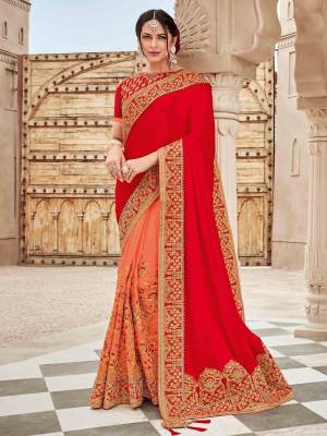 Bring out the best in you when wearing this red and dark peach color two tone satin silk saree. Ideal for party, festive & social gatherings. this gorgeous saree featuring a beautiful mix of designs. Its attractive color and heavy designer embroidered saree, moti design, also heavy designer blouse, half half design saree, beautiful floral design all over work over the attire & contrast hemline adds to the look. Comes along with a contrast unstitched blouse.