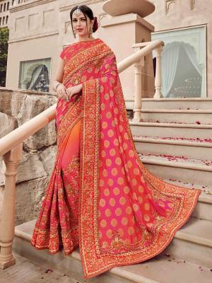Look your ethnic best by wearing this Dark Pink color two tone jacquard and shadded silk satin saree. Ideal for party, festive & social gatherings. this gorgeous saree featuring a beautiful mix of designs. Its attractive color and heavy designer embroidered saree, moti design, also heavy designer blouse, half half design saree, beautiful floral design all over work over the attire & contrast hemline adds to the look. Comes along with a contrast unstitched blouse.
