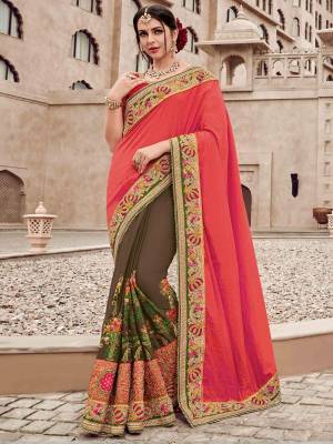 The fabulous pattern makes this saree a classy number to be included in your wardrobe. Dark Pink and brown color two tone silk satin saree. Ideal for party, festive & social gatherings. this gorgeous saree featuring a beautiful mix of designs. Its attractive color and heavy designer embroidered saree, moti design, also heavy designer blouse, half half design saree, beautiful floral design all over work over the attire & contrast hemline adds to the look. Comes along with a contrast unstitched blouse.