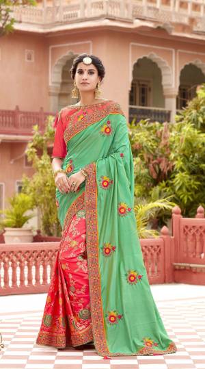 Usher in the new era of opulence with a glance at the tradition in this vibrantly weaved saree and appear dignified. 