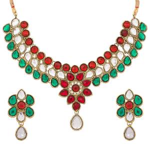 Grab This Traditional Looking Red And Green Colored Stone Work Necklace Set. This Necklace Set Be Paired With Same Or Any Contrasting Colored Traditional Attire. Buy Now.