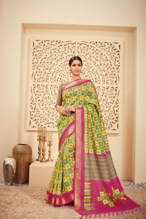 Another Checks Patterned Saree Is Here In Pear Green Color Paired With Beige Colored Blouse. This Saree And Blouse are Silk Based Which Gives A Rich Look To Your Personality. 