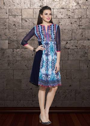 Add This Beauty To Your Wardrobe With This Designer Readymade Kurti In Shades In Blue Fabricated On Georgette. It Is Light Weight and Easy To Carry All Day Long.