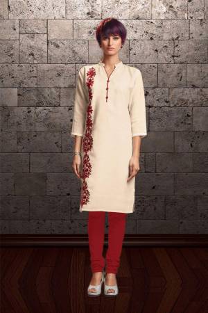 Simple And Elegant Looking Designer Readymade Kurti Is Here In Off-White Color Fabricated On Thick Cotton Beautified With Thread Work. Buy Now.