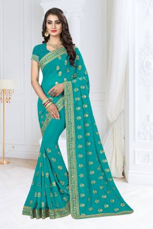 Add This New Shade In Blue  With This Designer Saree In Turquoise Blue Color Paired With Turquoise Blue Colored Blouse. This Saree And Blouse Are Soft Towards Skin And Light Weight Which IS Easy To carry all Day Long. 
