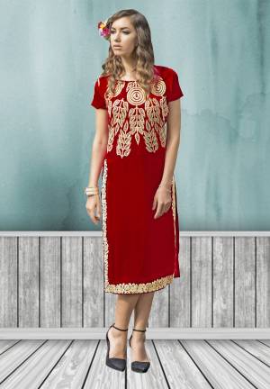 Look classy and stylish in outfit and reval in the comfort of of the soft fabric. This beautiful kurti has beige colored leaf embroidery pattern on the upper part with beige colored floral embroidery on the border. The red colored kurti is fabricated in georgette, while the inner is made of santoon fabric. This stylish kurti only for you.