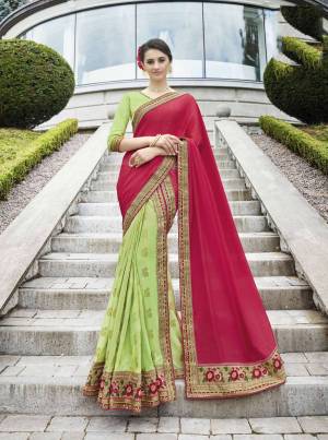 Here Is A Beautiful And Attractive Looking Color Pallete With This Designer Saree In Dark Pink And Light Green Color Paired With Light Green Colored Blouse. This Saree Is Fabricated On Chiffon Silk And Art Silk Paired With Art Silk Fabricated Blouse. 