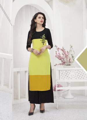 Grab This Pretty Kurti For Festive Or Semi-Casual Wear In Yellow And Black Color. It Is Faricated On Rayon Beautified With Thread Work. Also It Is Soft Towards Skin And Easy To Carry All Day Long. 