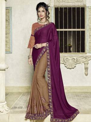 All the Fashionable women will surely like to step out in style wearing this Wine and brown color two tone silk and two tone chinon saree. this gorgeous saree featuring a beautiful mix of designs. look gorgeous at an upcoming any occasion wearing the saree. designer embroidered saree, patch design, stone, heavy designer blouse, two color sarees, beautiful floral design Comes along with a contrast unstitched blouse.