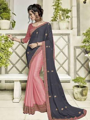 Flaunt a new ethnic look wearing this grey and pink color moss chiffon and two tone bright georgette saree. this party wear saree won't fail to impress everyone around you. this gorgeous saree featuring a beautiful mix of designs. designer embroidered saree, patch design, stone, heavy designer blouse, two color sarees, beautiful floral design Comes along with a contrast unstitched blouse.