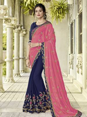 Presenting this pink and Royal Blue color two tone bright georgette and moss chiffon saree. look gorgeous at an upcoming any occasion wearing the saree. this party wear saree won't fail to impress everyone around you. designer embroidered saree, patch design, stone, heavy designer blouse, two color sarees, beautiful floral design Comes along with a contrast unstitched blouse.