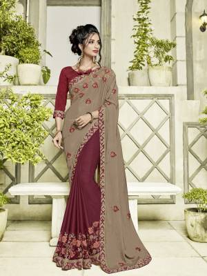 Drape thisSand Grey and maroon color chiffon and moss chiffon saree. this gorgeous saree featuring a beautiful mix of designs. look gorgeous at an upcoming any occasion wearing the saree. designer embroidered saree, patch design, heavy designer blouse, two color sarees, beautiful floral design Comes along with a contrast unstitched blouse.