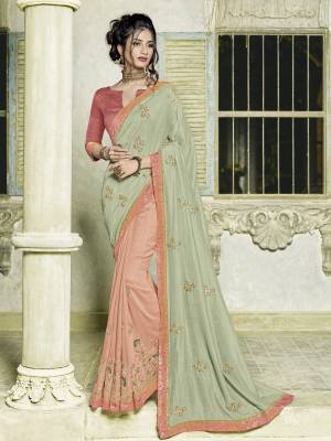 The fabulous pattern makes this Pastel Green and pink color silk fabrics saree. Ideal for party, festive & social gatherings. this gorgeous saree featuring a beautiful mix of designs. designer embroidered saree, patch design, heavy designer blouse, two color sarees, beautiful floral design Comes along with a contrast unstitched blouse.