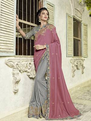 Change your wardrobe and get classier outfits like this gorgeous pink and grey color two tone silk and silk fabrics saree. Ideal for party, festive & social gatherings. this gorgeous saree featuring a beautiful mix of designs. designer embroidered saree, patch design, heavy designer blouse, two color sarees, beautiful floral design Comes along with a contrast unstitched blouse.
