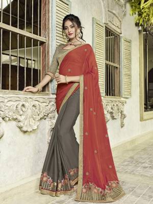 Show your elegance by wearing this gorgeous Orange and grey color two tone chiffon and moss chiffon saree. Ideal for party, festive & social gatherings. this gorgeous saree featuring a beautiful mix of designs. designer embroidered saree, patch design, heavy designer blouse, two color sarees, beautiful floral design Comes along with a contrast unstitched blouse.