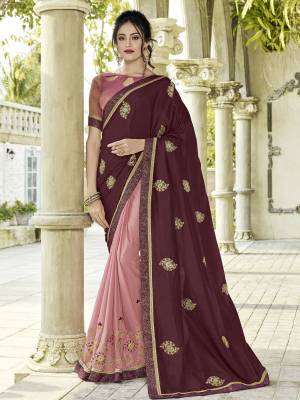 Attractively Gorgeous mesmerizing is what you will look at the next wedding gala wearing this beautiful Wine and pink color silk fabrics and chiffon saree. Ideal for party, festive & social gatherings. this gorgeous saree featuring a beautiful mix of designs. designer embroidered saree, patch design, heavy designer blouse, two color sarees, beautiful floral design Comes along with a contrast unstitched blouse.