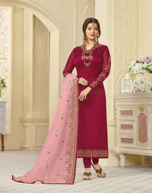 Shine Bright Wearing This Beautiful Designer Suit In Dark Pink Color Paired With Baby Pink Colored Dupatta. Its Top Is Fabricated On Georgette Satin Paired With Santoon Bottom And Orgenza Silk Dupatta. Buy Now.