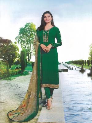 Celebrate This Festive Seaosn Wearing This Beautiful Designer Straight Suit In Green Color Paired With Beige Colored Dupatta, Its Top IS Crepe Fabricated Paired With Santoon Bottom And Chiffon Dupatta. Buy Now.